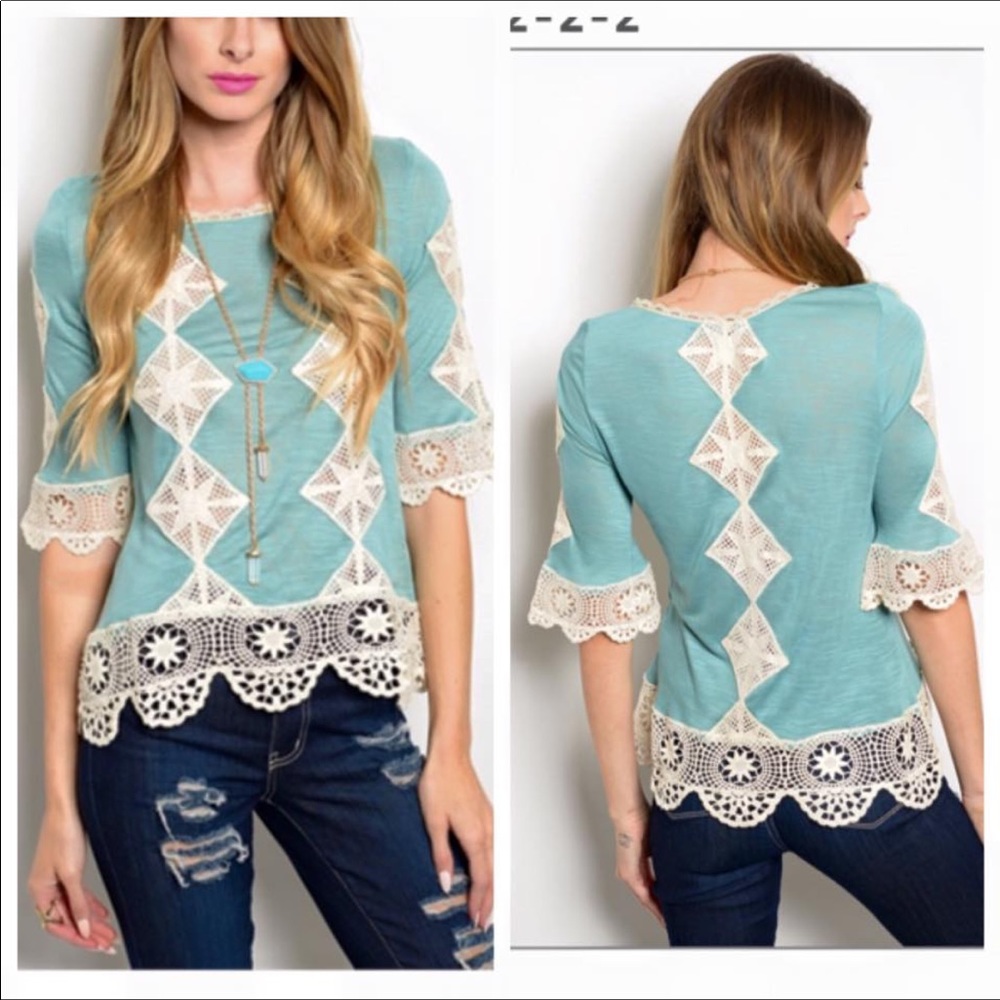 🚨SALE!🐚 jade top with cream cotton crochet detail